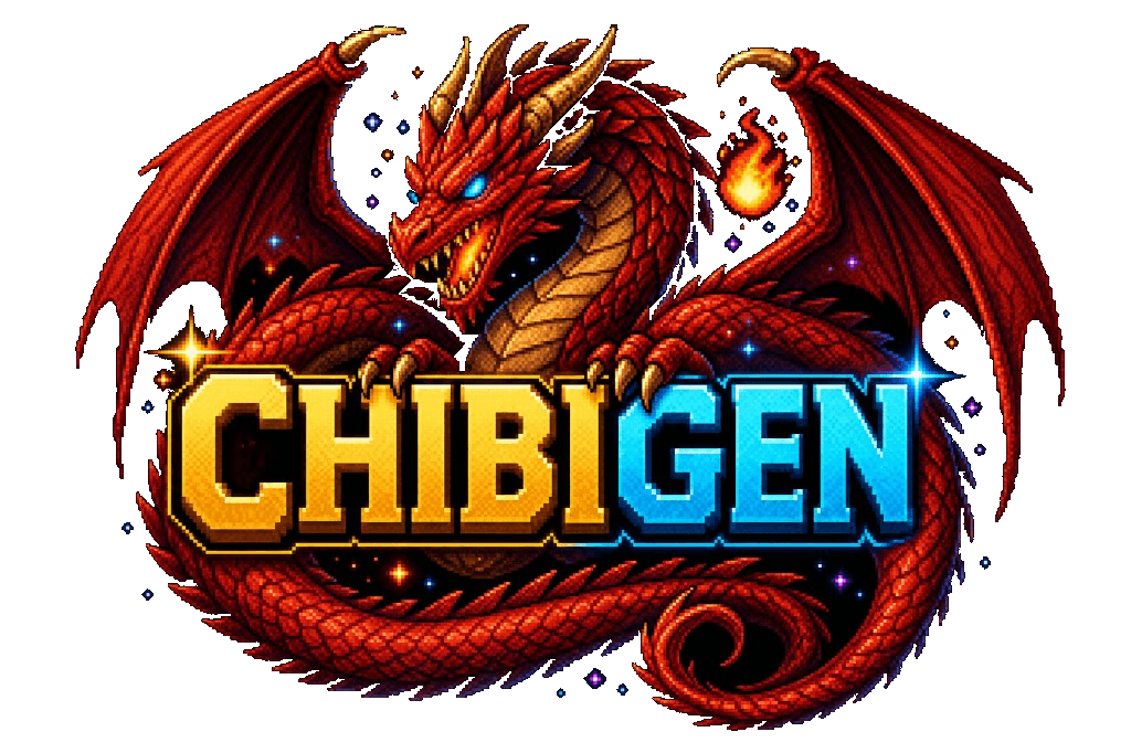 ChibiGen — retro game studio logo guarded by a red dragon