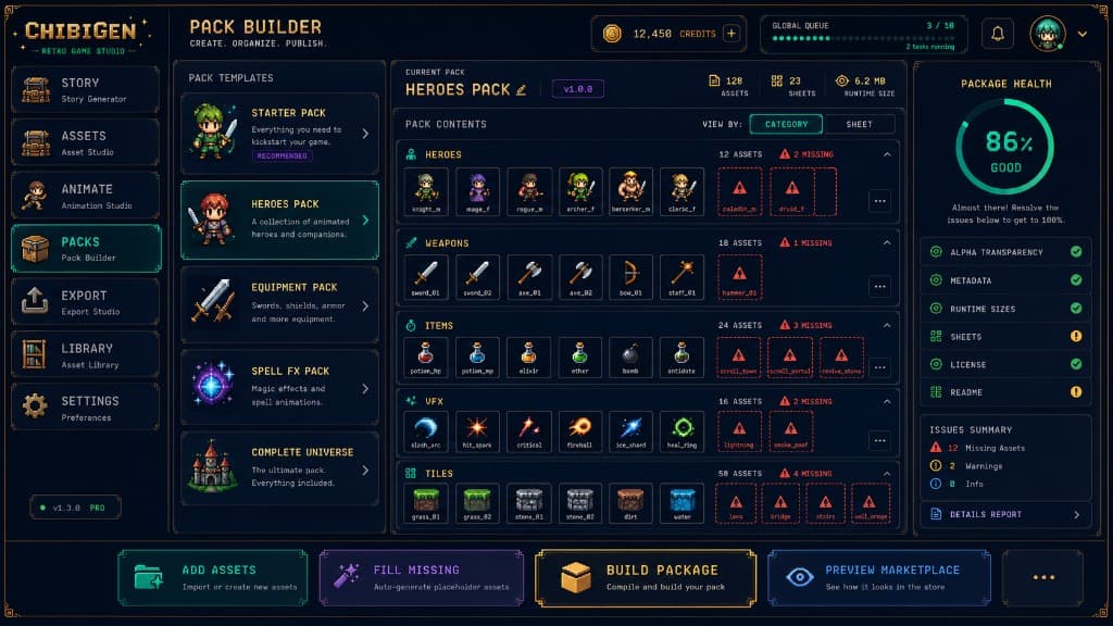 ChibiGen Pack Builder showing pack contents and package health score